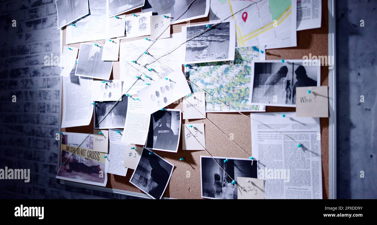 Police Investigator Board Background. Detective Evidence Map Stock