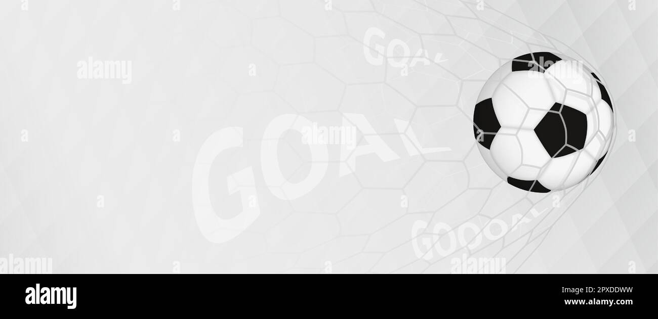 Illustration of scored goal, football ball in net. Gray banner with