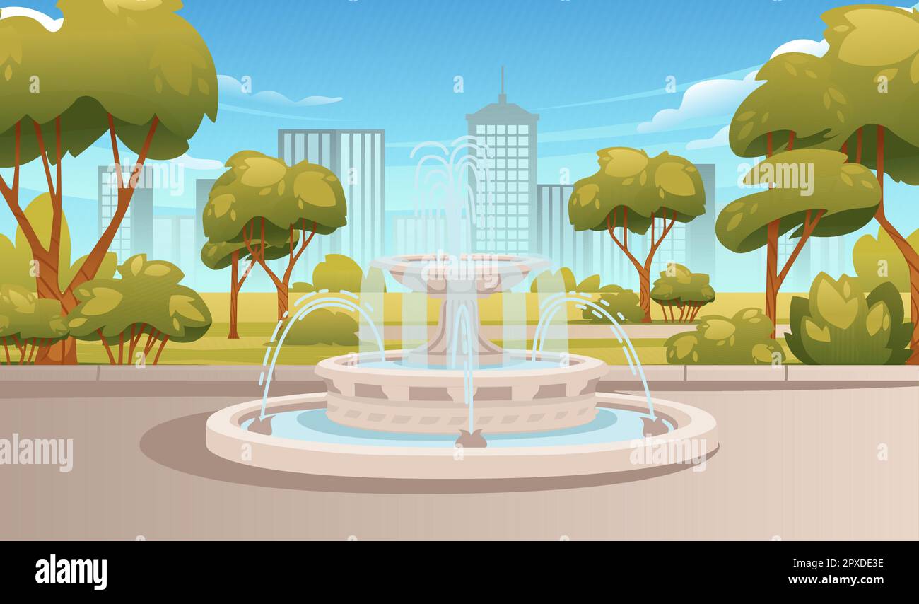Spring or summer park landscape with trees fountain and modern city on ...