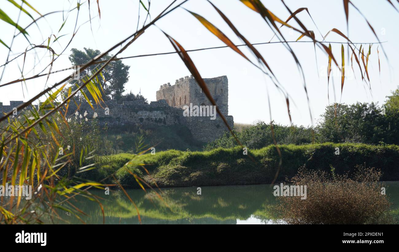 View from a pond on old castle of Antipatris, Tel Afek, Israel. Also known as Binar Bashi, Antipatris became an Ottoman fortress in medieval times. Stock Photo