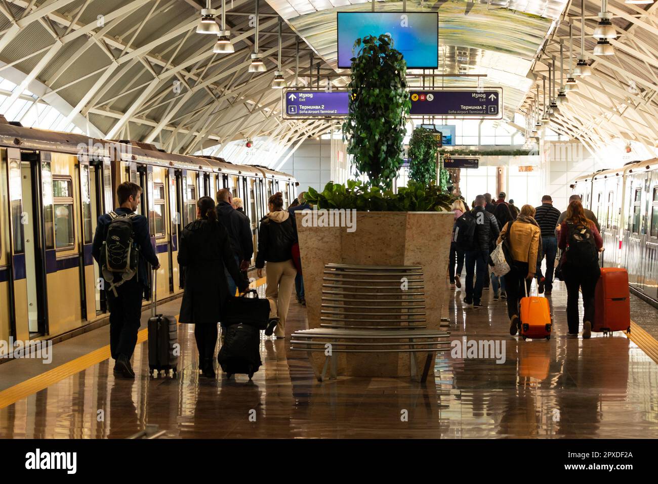 Passengers arriving at the Sofia Airport Metro station in Sofia, Bulgaria Stock Photo