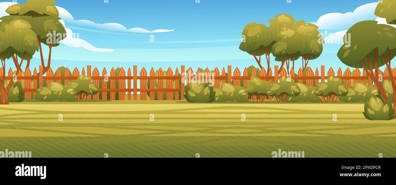 Backyard with wooden fence hedge sunny summer sky on background vector