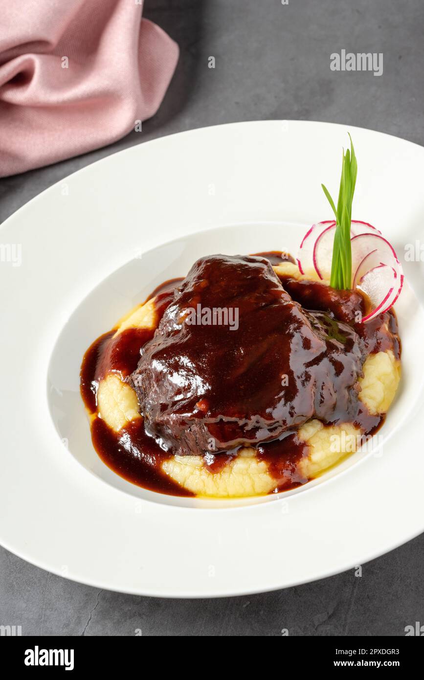 Veal cheek served in a fine dining restaurant Stock Photo