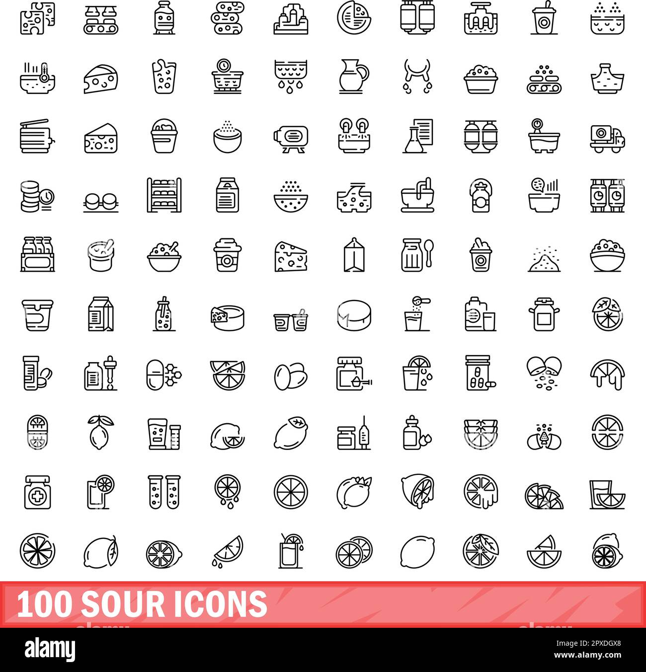 100 sour icons set. Outline illustration of 100 sour icons vector set isolated on white background Stock Vector