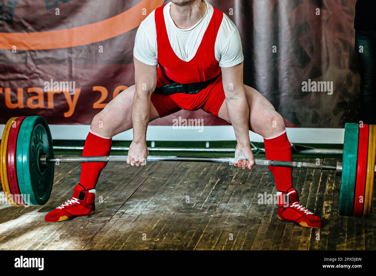 deadlift in powerlifting competition performing man powerlifter, power sports games Stock Photo