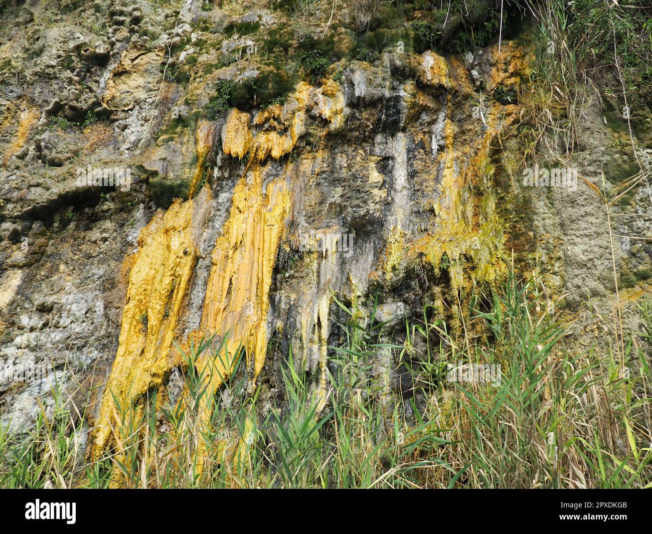 Drainage of organic wastewater from an overflowing sewerage system from a cliff to the Vysoky Bereg beach in Anapa, Krasnodar Territory, August 2021. Stock Photo