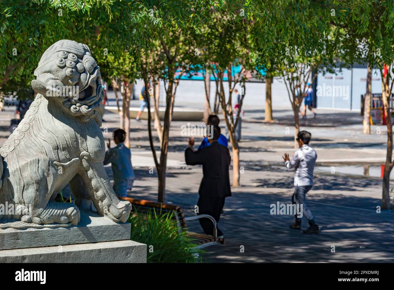 A Foo-dog (Chinese lion) watch over people practicing Tai Chi (Tai chi ch'üan) outside the Chinese Garden of Friendship in Darling Harbour, Sydney Stock Photo