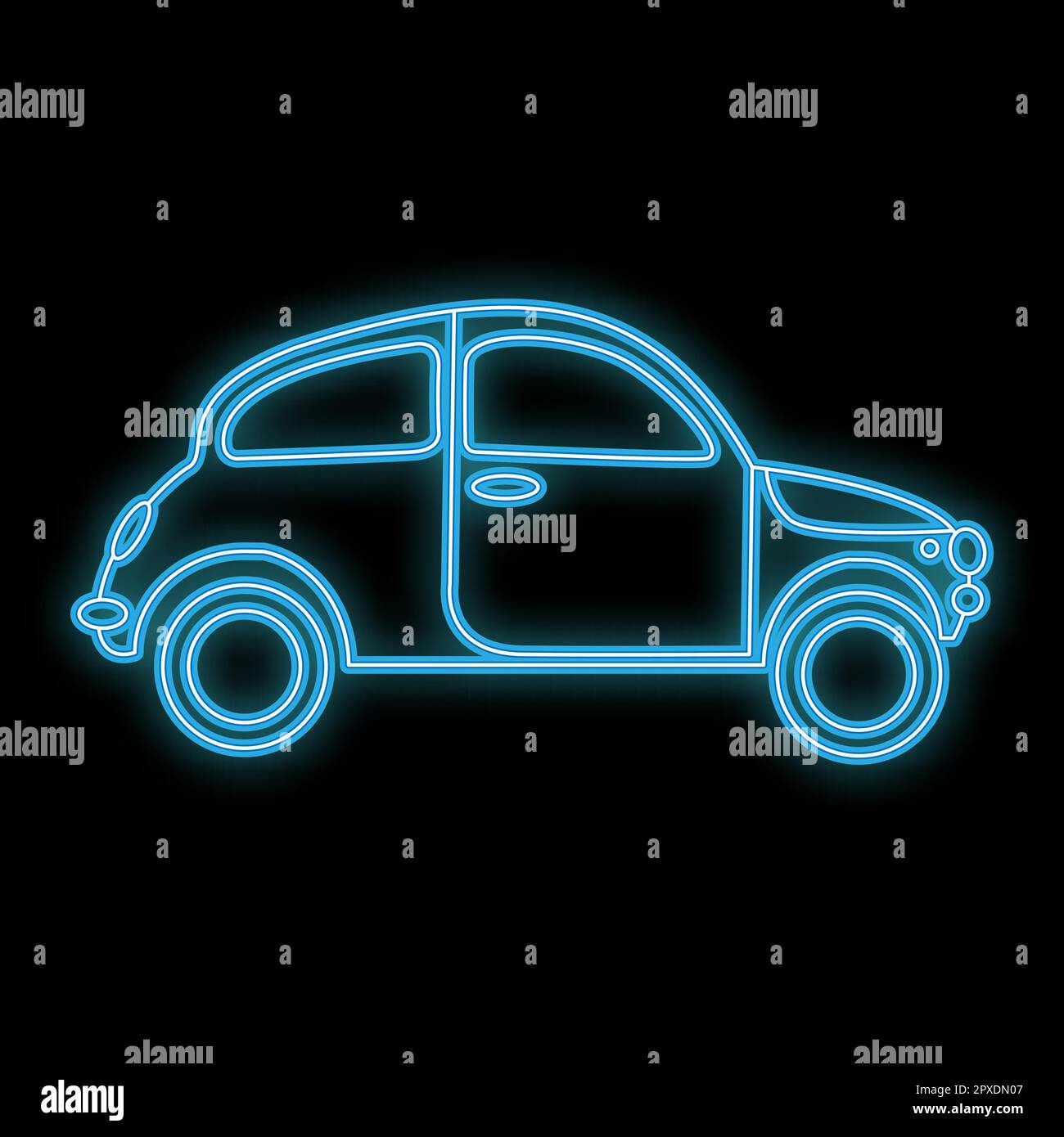 Beautiful abstract neon bright glowing icon, a signboard from an old retro hatchback car from the 70s, 80s, 90s and copy space on a black background. Stock Vector