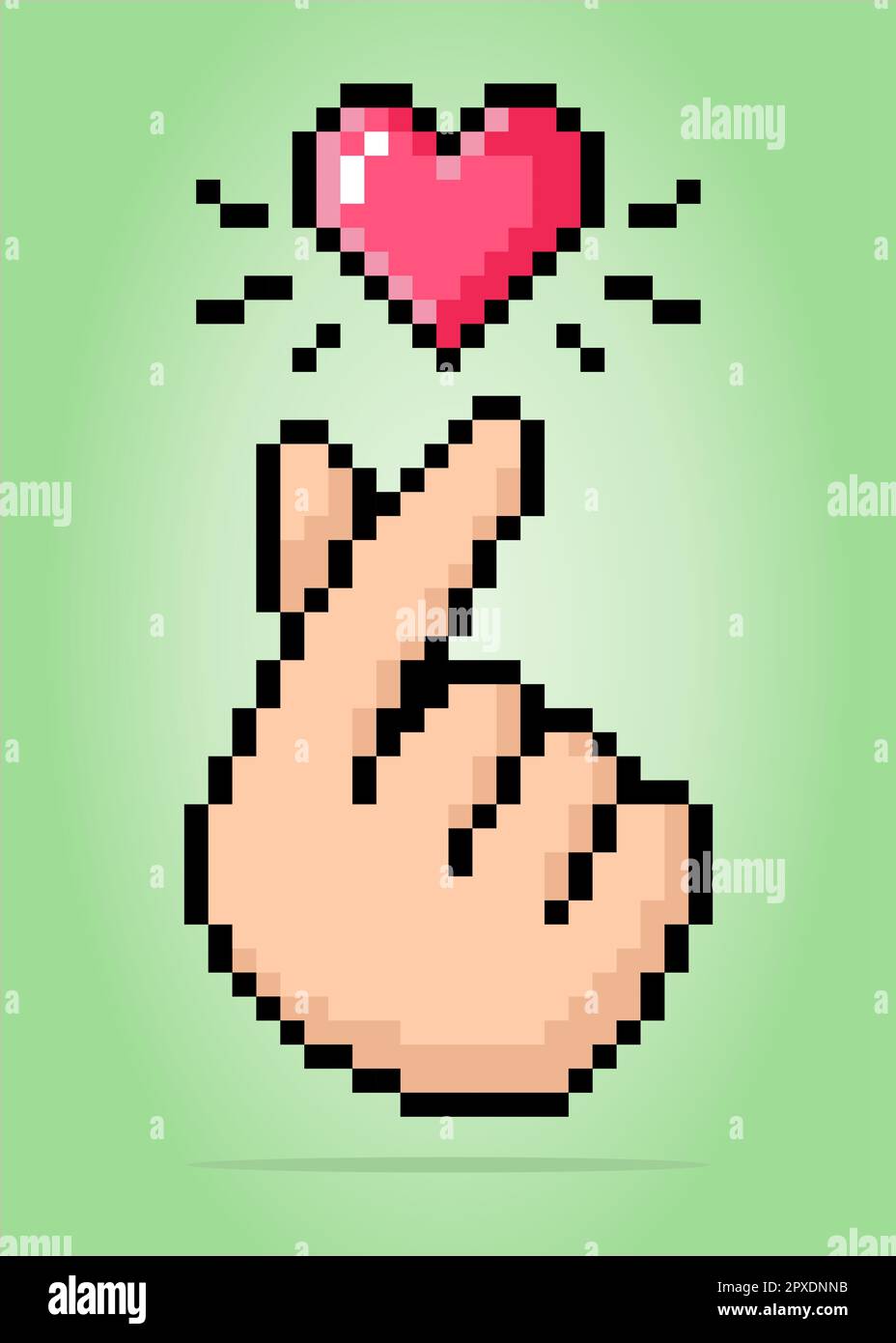 8-bit pixel of finger heart image. vector illustration of cross stitch pattern. Korean love sign for t-shirt design. Stock Vector