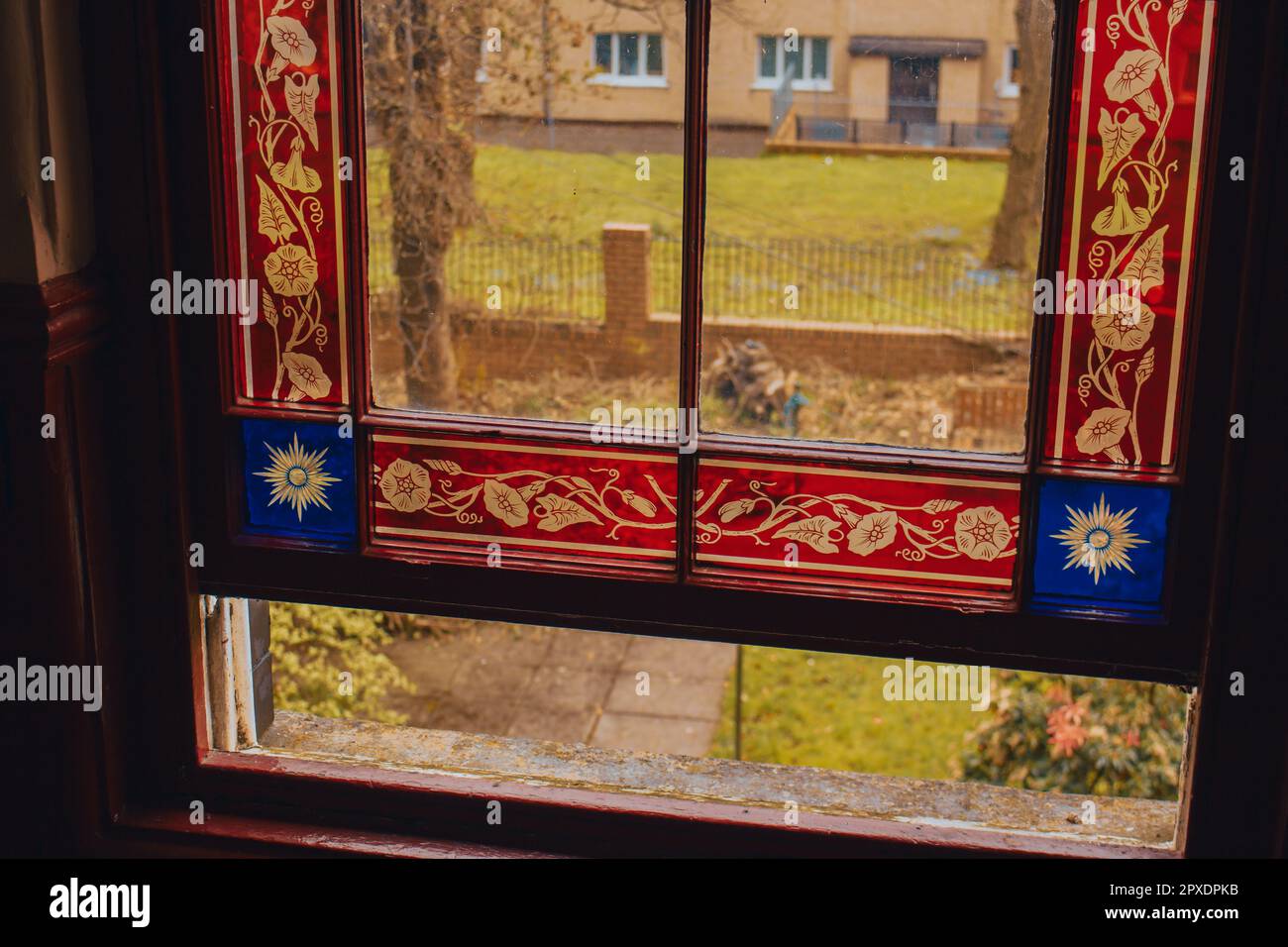 Traditional stained glass windows taken inside a tenement building in