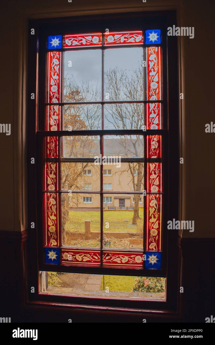 Traditional stained glass windows taken inside a tenement building in