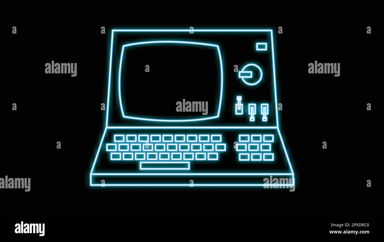 Blue neon personal computer with monitor, pc old retro hipster vintage from 70s, 80s, 90s on black background. Vector illustration. Stock Vector