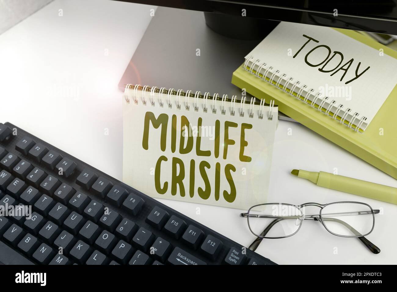 Writing displaying text Midlife Crisis, Business overview Software development technique Decomposing an application Stock Photo