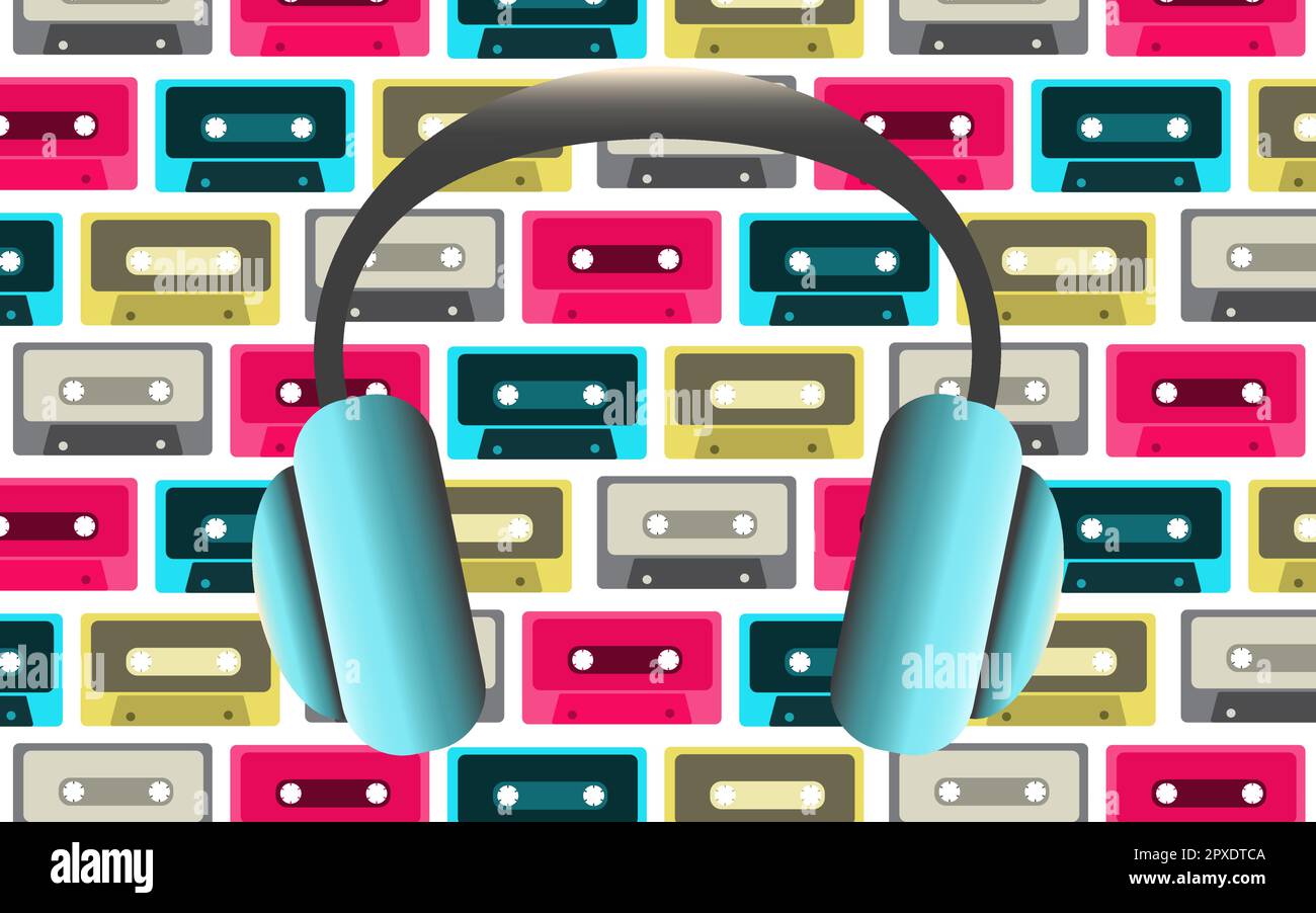 Blue big fashionable full-sized headphones for listening to music on the background of old retro vintage hipster audio cassettes from the 80's, 90's. Stock Vector