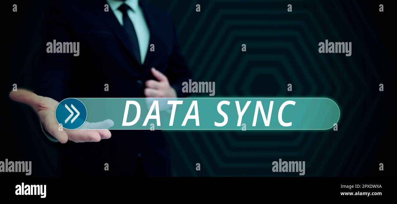 Conceptual caption Data Sync, Word Written on data that is continuously generated by different sources Stock Photo