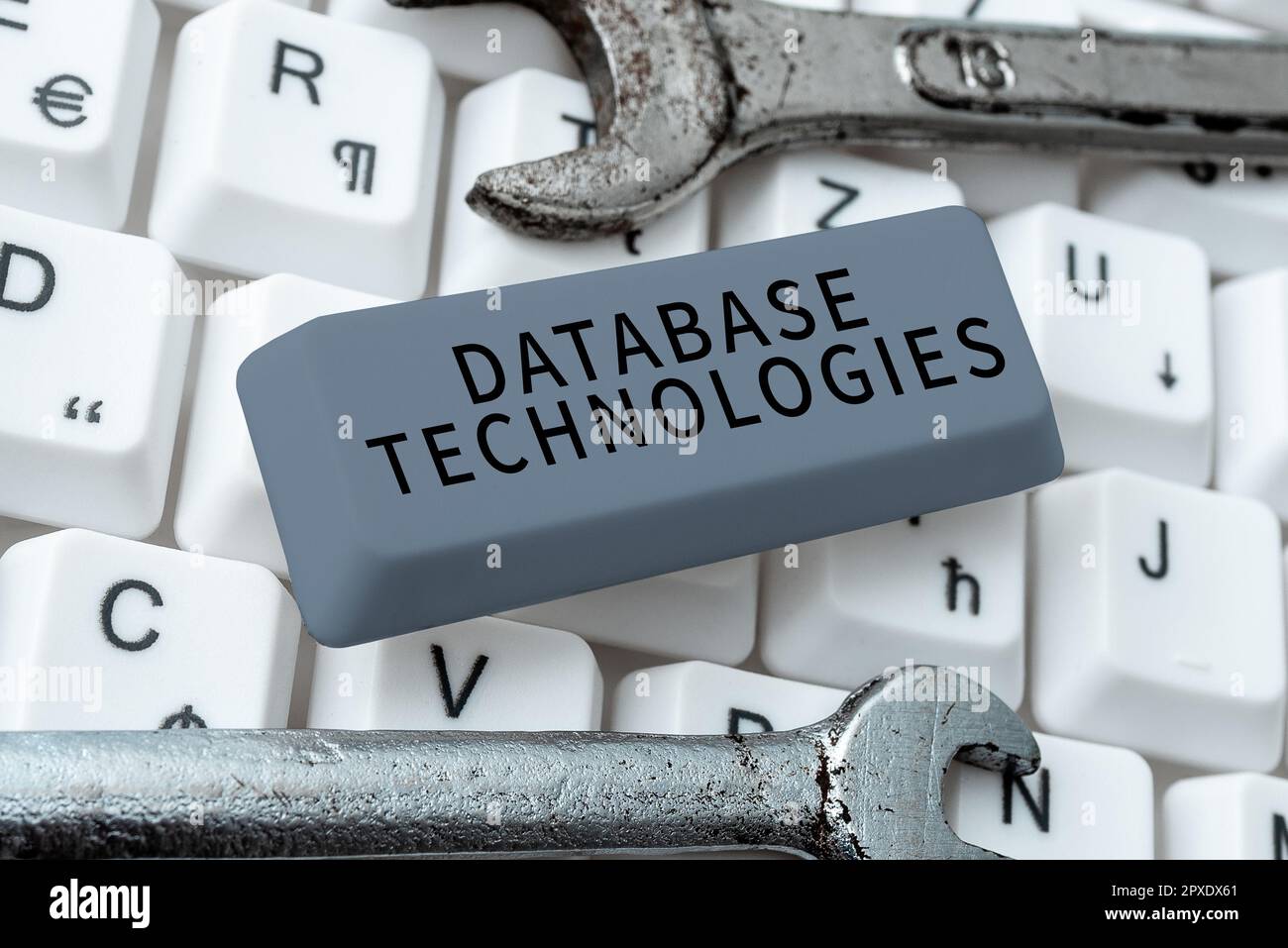 Hand writing sign Database Technologies, Word Written on uses a database application that provides database services Stock Photo