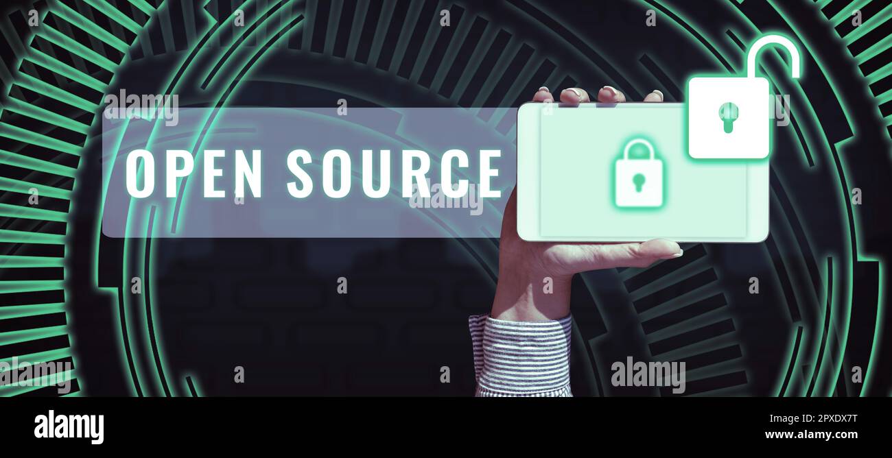 Conceptual display Open Source, Conceptual photo denoting software which original source code freely available Stock Photo