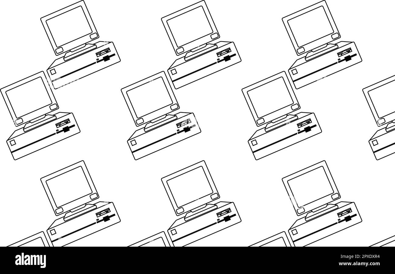 Pattern of black and white, old, vintage, retro, hipster computers with convex monitors and floppy. Vector illustration. Stock Vector