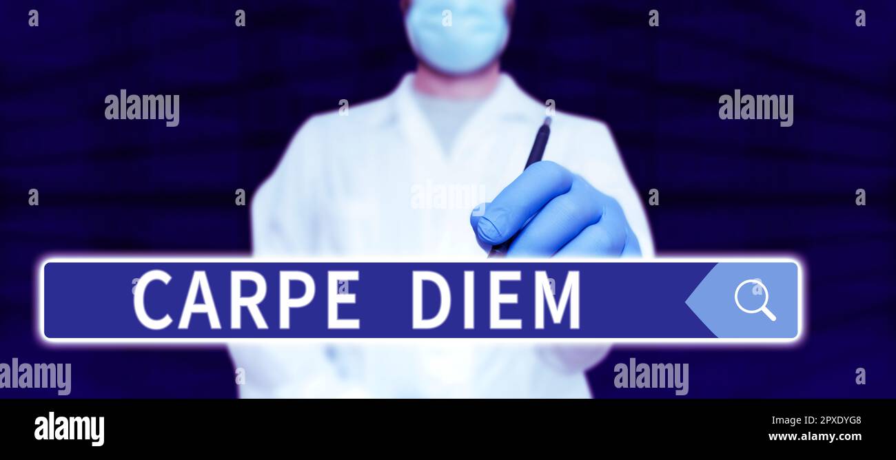 Sign displaying Carpe Diem, Word for public festival which people play music and dance Stock Photo