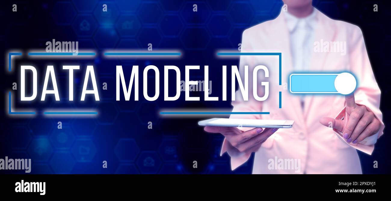 Text caption presenting Data Modeling, Business idea process of transferring data between data storage systems Stock Photo