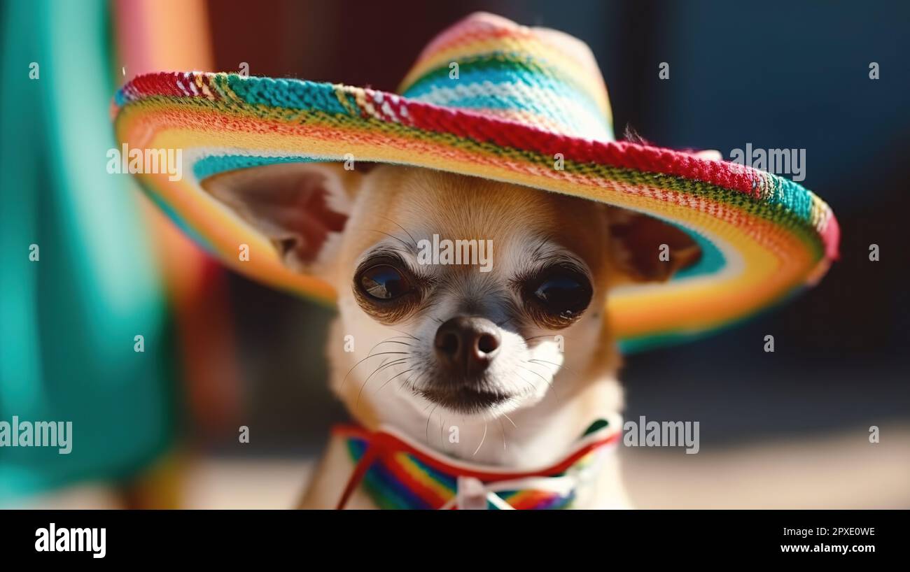A portrait shot of a cute chihuahua dog with a sombrero on its