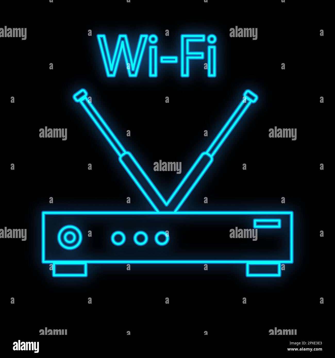 A bright luminous blue digital neon sign for a store or workshop service center is beautiful shiny with a modern wireless Wi-Fi router modem on a blac Stock Vector