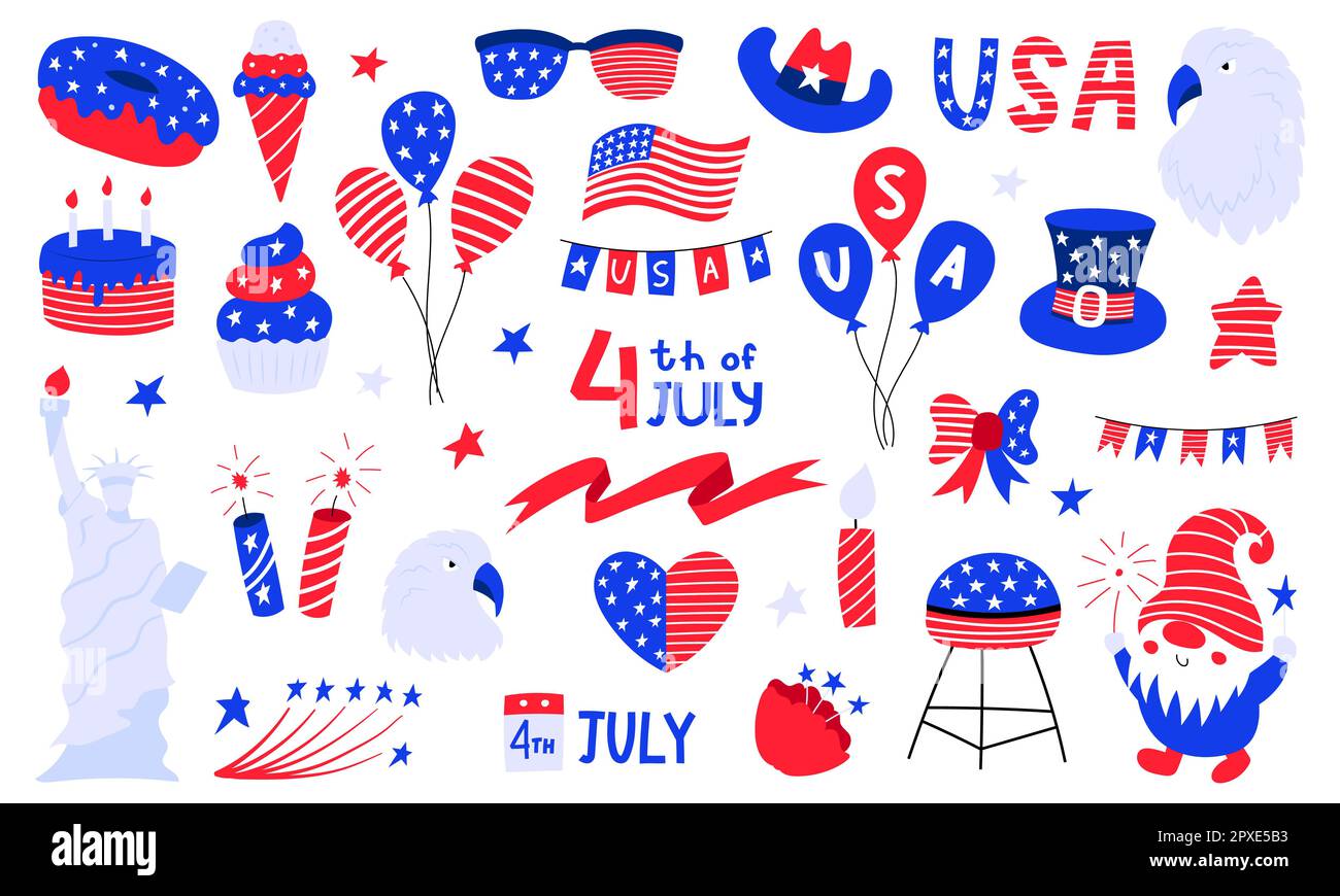 Set of USA national symbols for independence day. 4th July clip art ...