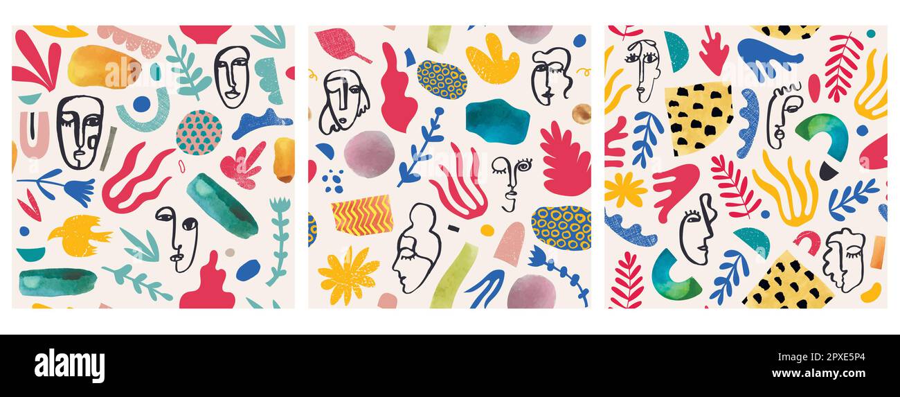 Vector set of seamless patterns. Collage cutout shapes, flowers and hand drawn cubism faces Stock Vector