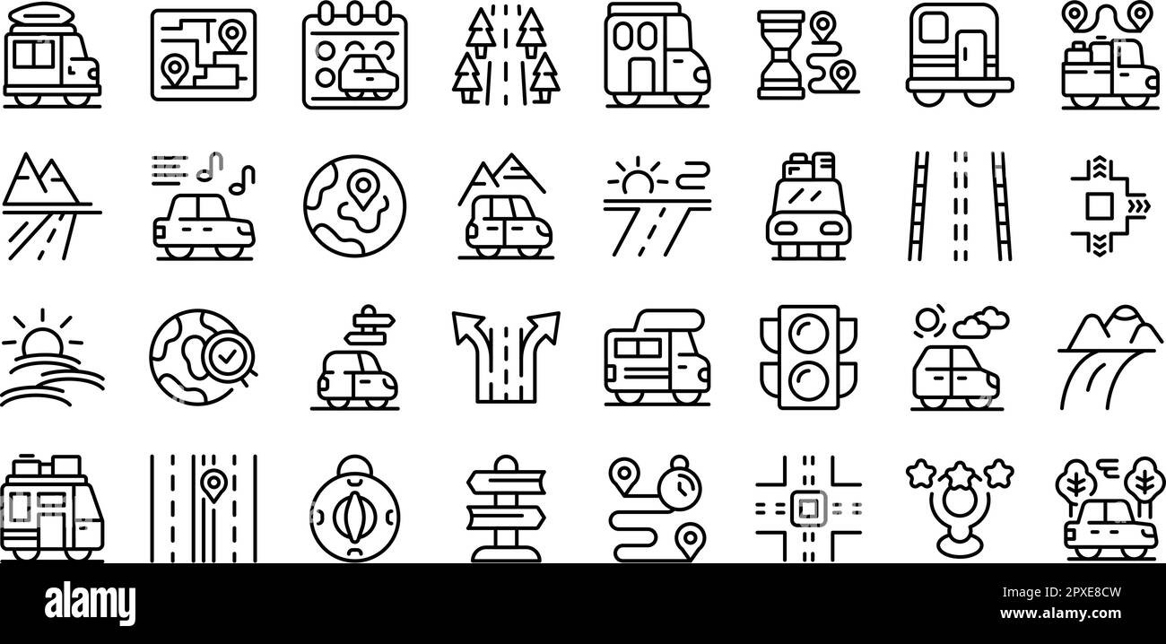 Roadtrip icons set outline vector. Excursion car. Summer travel Stock ...