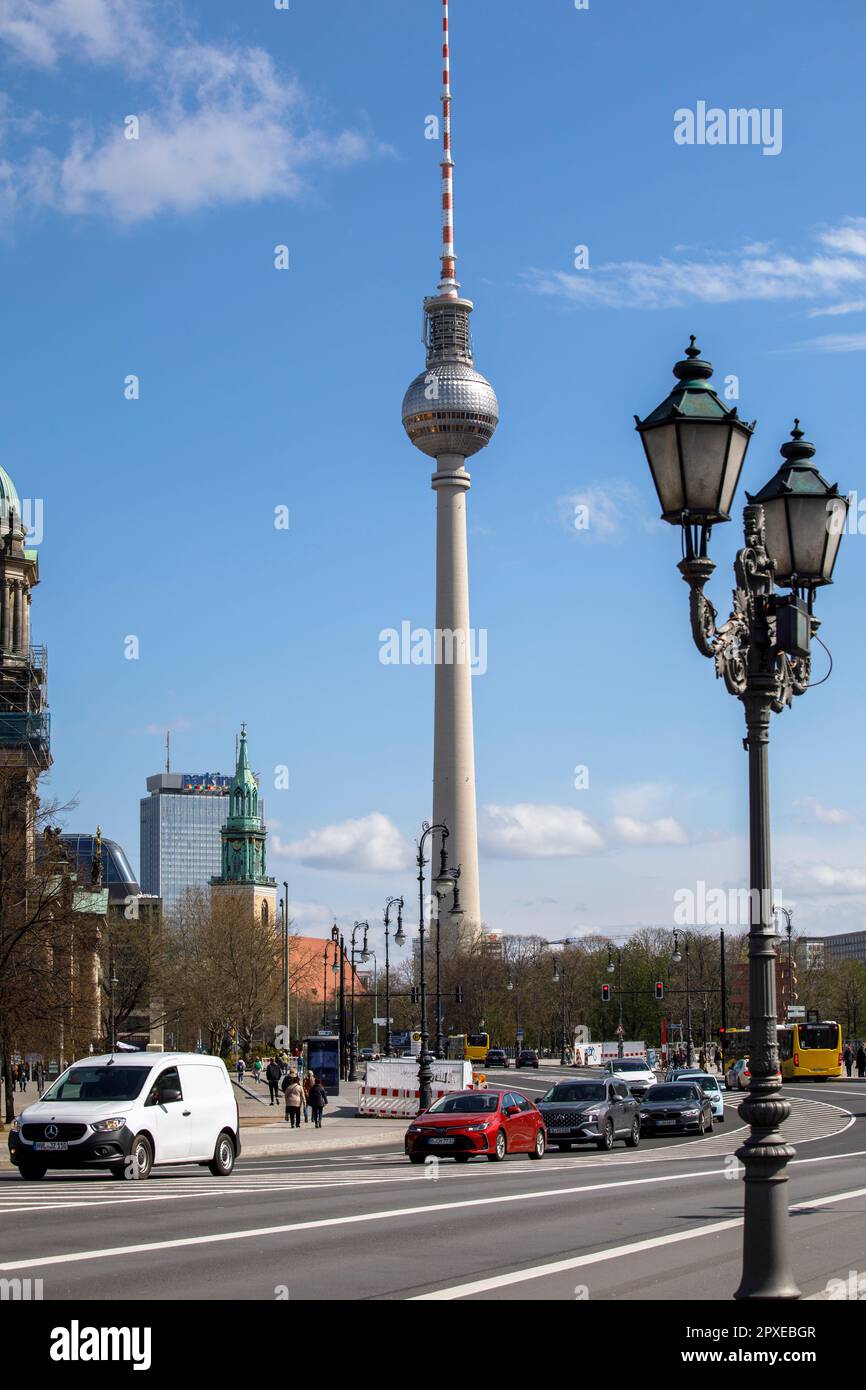 view to St. Mary's Church on Karl-Liebknecht street, the television tower and the parkinn Hotel on Alexanderplatz, Mitte district, Berlin, Germany.  B Stock Photo