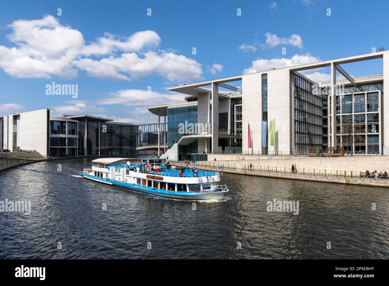 river Spree in the government district, from left: Paul Loebe building, library of the German Bundestag, Marie Elisabeth Lueder building, Berlin, Germ Stock Photo