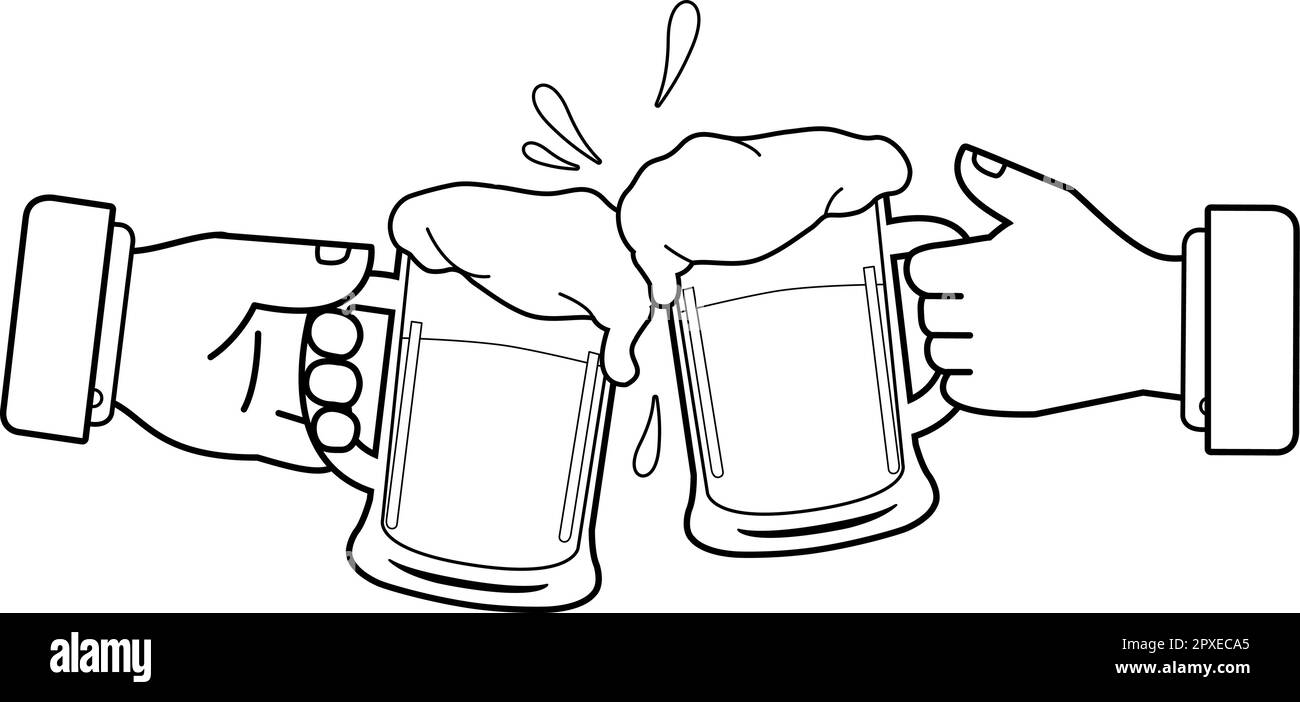 Businessmen toasting with beer. Vector black and white coloring page Stock Vector