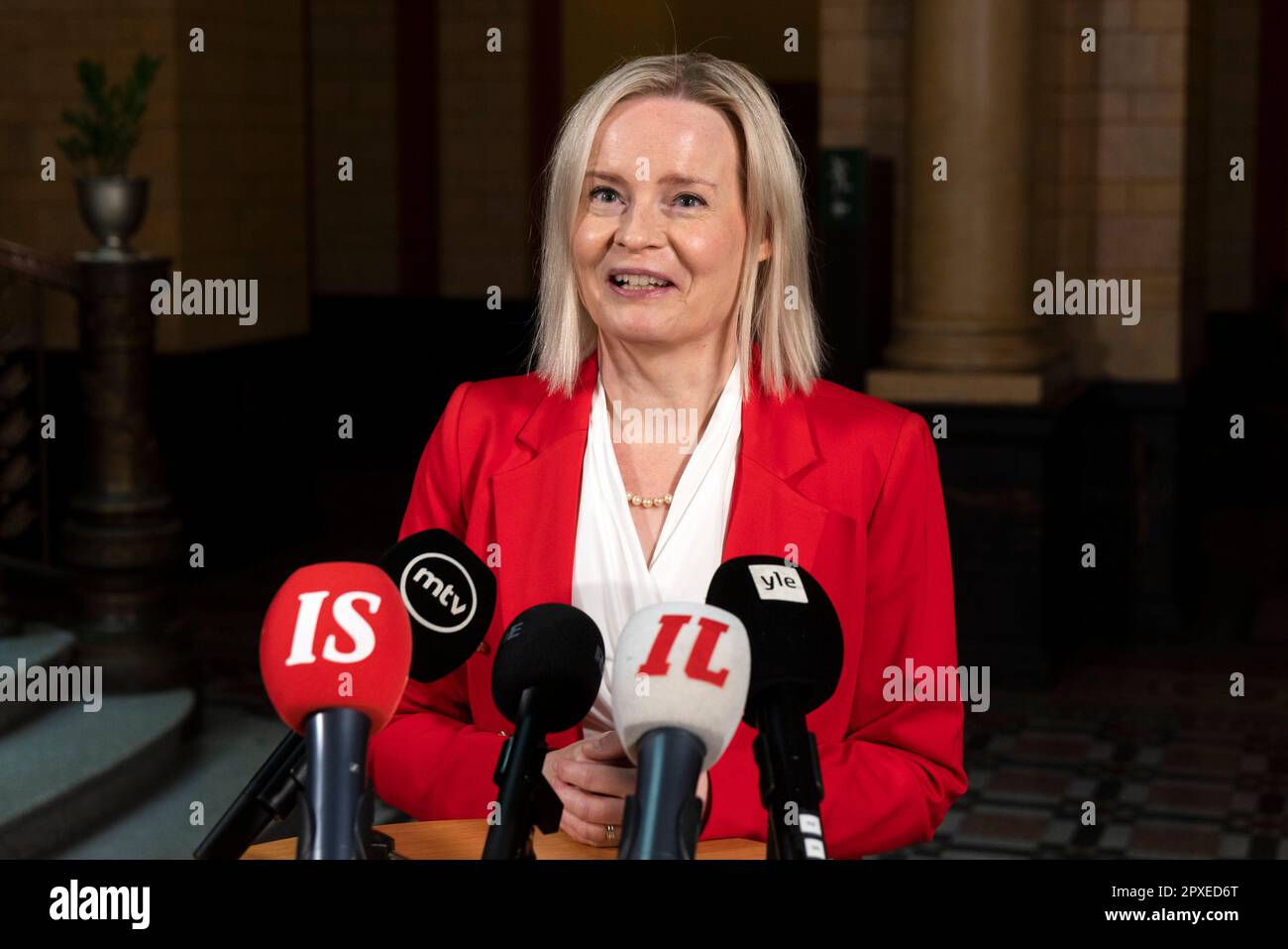 Helsinki, Finland. 2nd May, 2023. Riikka Purra, leader of the Finns Party, speaks to the press before the government negotiations at the House of the Estates in Helsinki, Finland, on May 2, 2023. The National Coalition Party, the right wing Finns Party, the Swedish People's Party and the Christian Democrats Party took part in the government negotiations on Tuesday. Credit: Matti Matikainen/Xinhua/Alamy Live News Stock Photo