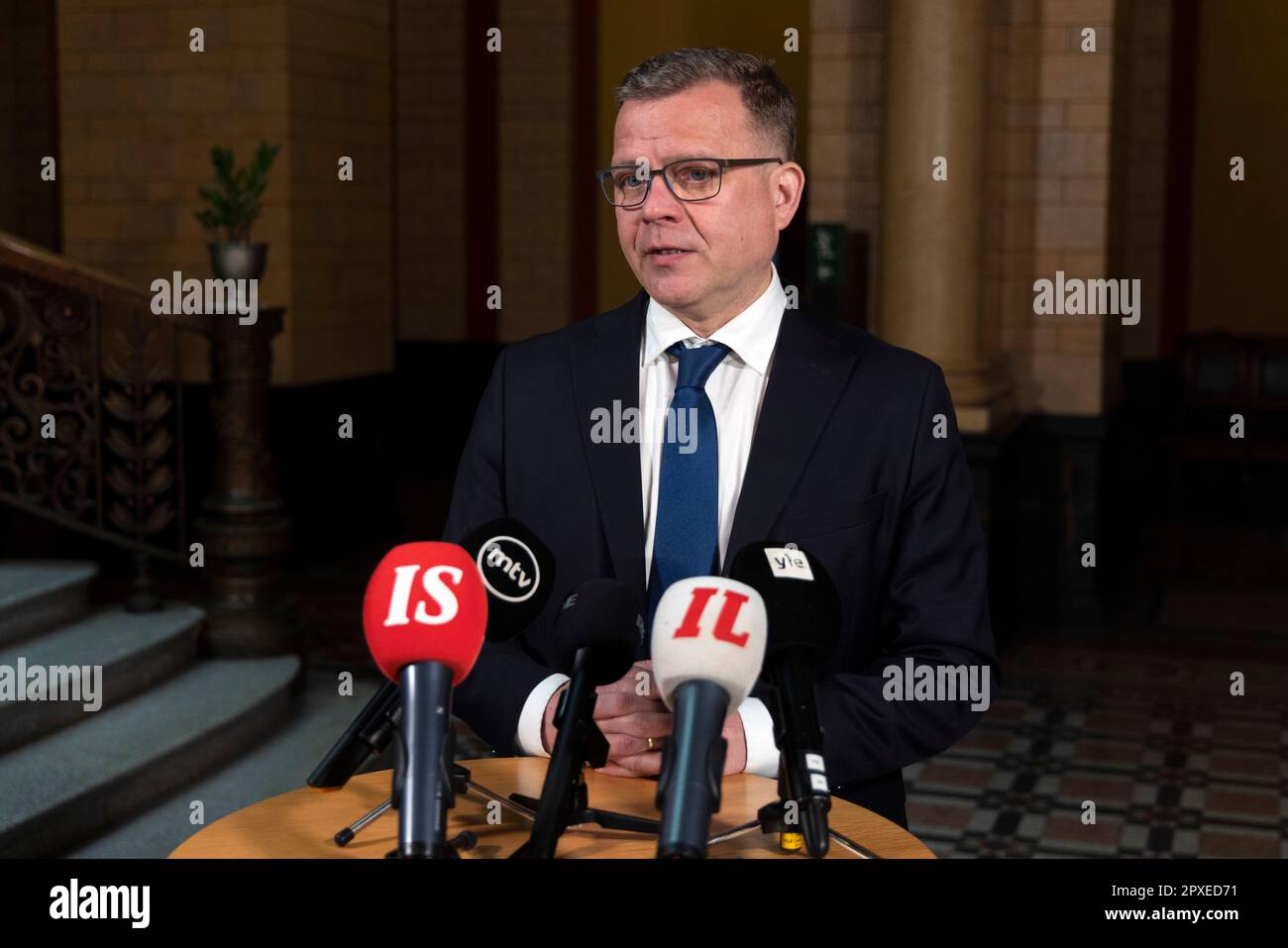 Helsinki, Finland. 2nd May, 2023. Petteri Orpo, leader of the National Coalition Party, speaks to the press before the government negotiations at the House of the Estates in Helsinki, Finland, on May 2, 2023. The National Coalition Party, the right wing Finns Party, the Swedish People's Party and the Christian Democrats Party took part in the government negotiations on Tuesday. Credit: Matti Matikainen/Xinhua/Alamy Live News Stock Photo
