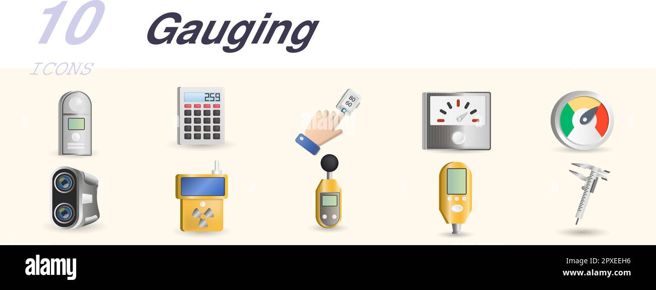 Gauging set. Creative icons: luxmeter, calculator, pulse oximeter ...
