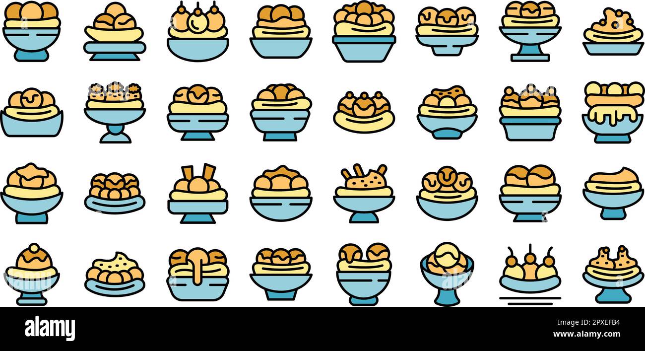 Banana split icons set outline vector. Cream calories. American dessert ...