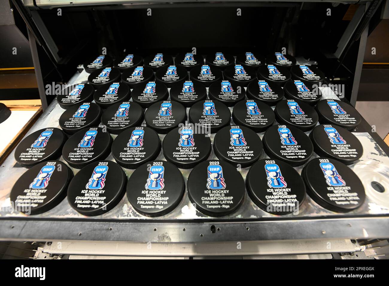 Katerinice, Czech Republic. 02nd May, 2023. Production of hockey pucks