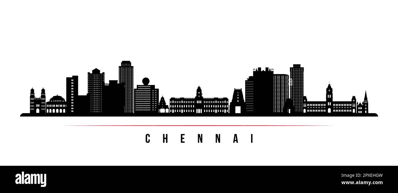Chennai skyline horizontal banner. Black and white silhouette of