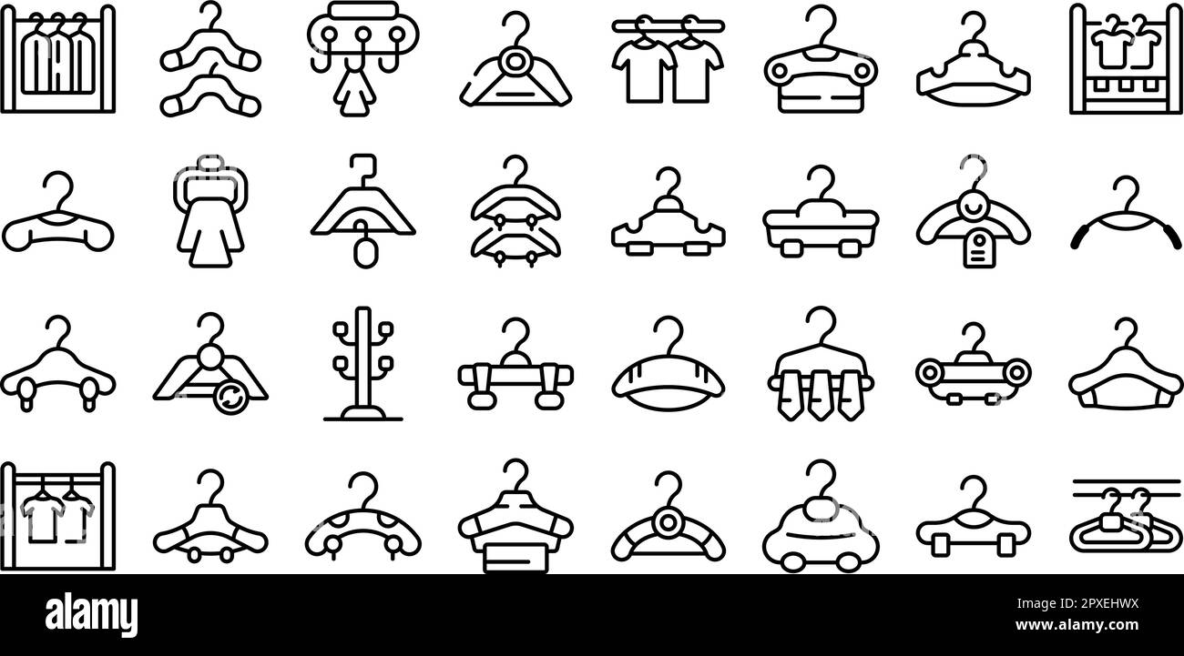 Clothes hangers icons set outline vector. Hook hunger. Fashion offer Stock Vector