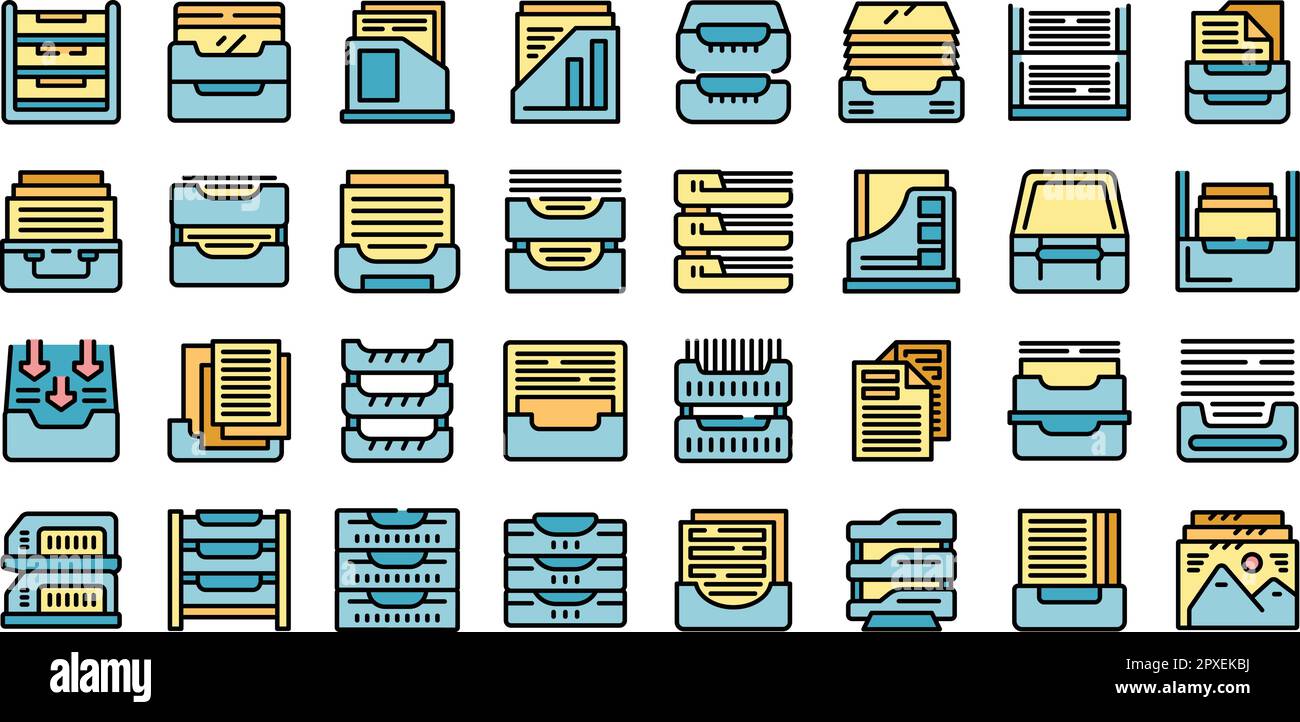 Paper tray icons set outline vector. Office rack. Storage equipment