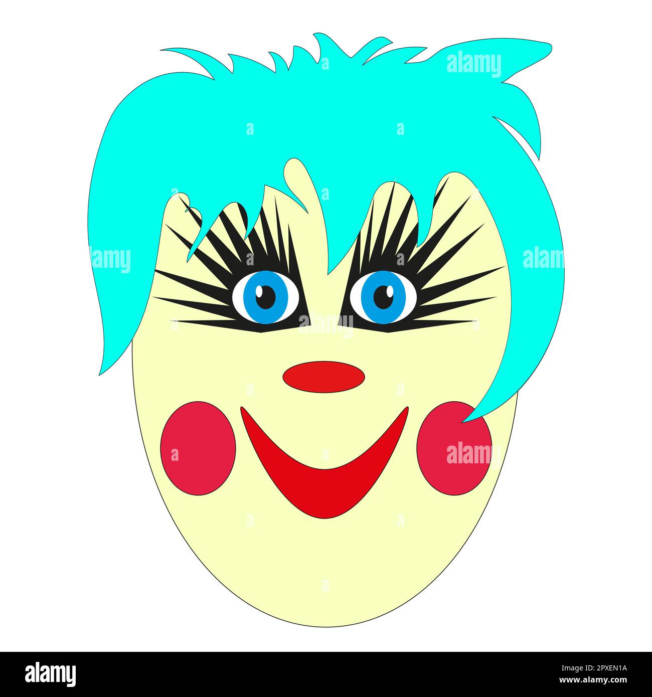 A sweet, slightly frightening face of a clown with blue hair and a red ...