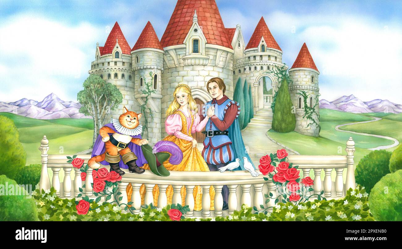 Children's stories-Puss in Boots outside castle with prince & princess Stock Photo