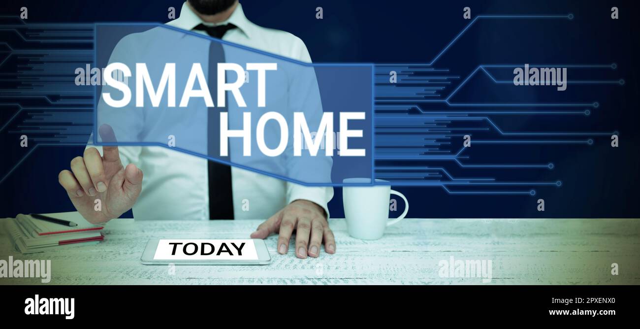Conceptual caption Smart Home, Conceptual photo automation system control lighting climate entertainment systems Stock Photo