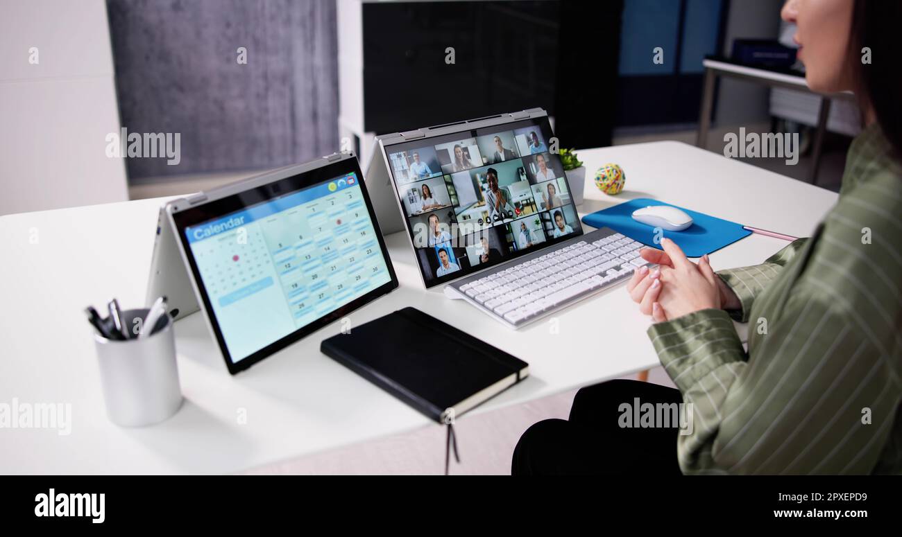 Telecommuting On Desktop Office Computer. Video Telework Banner Stock ...