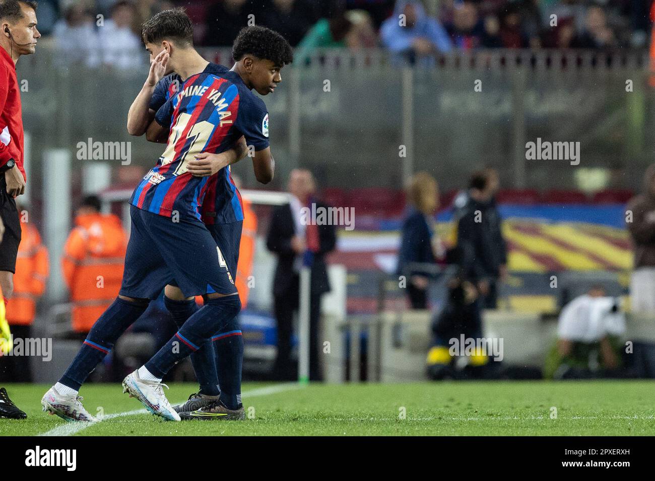 BARCELONA, SPAIN - APRIL 29: Lamine Yamal of FC Barcelona debut as