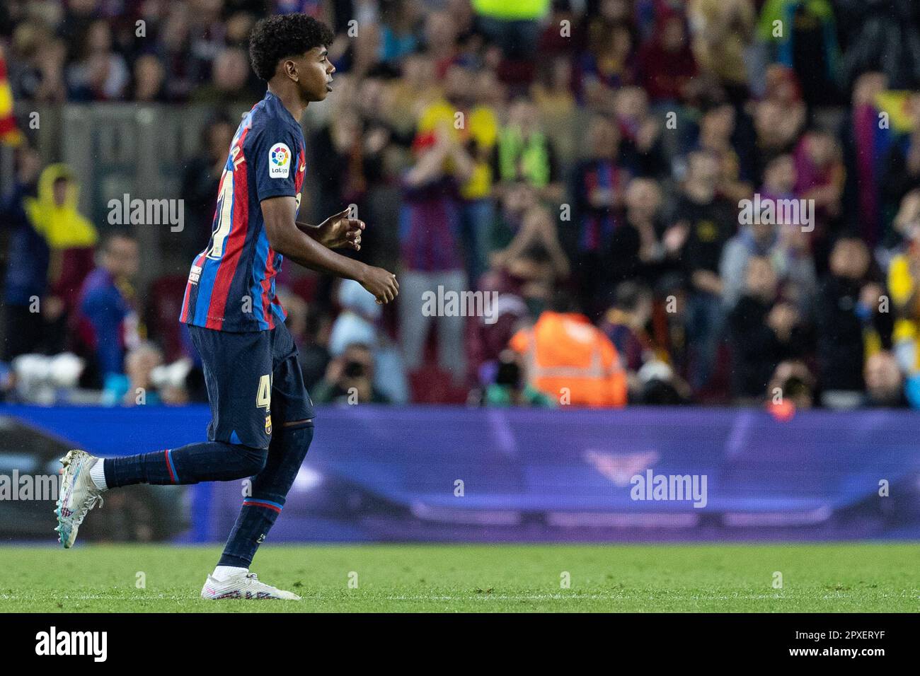BARCELONA, SPAIN - APRIL 29: Lamine Yamal of FC Barcelona debut as