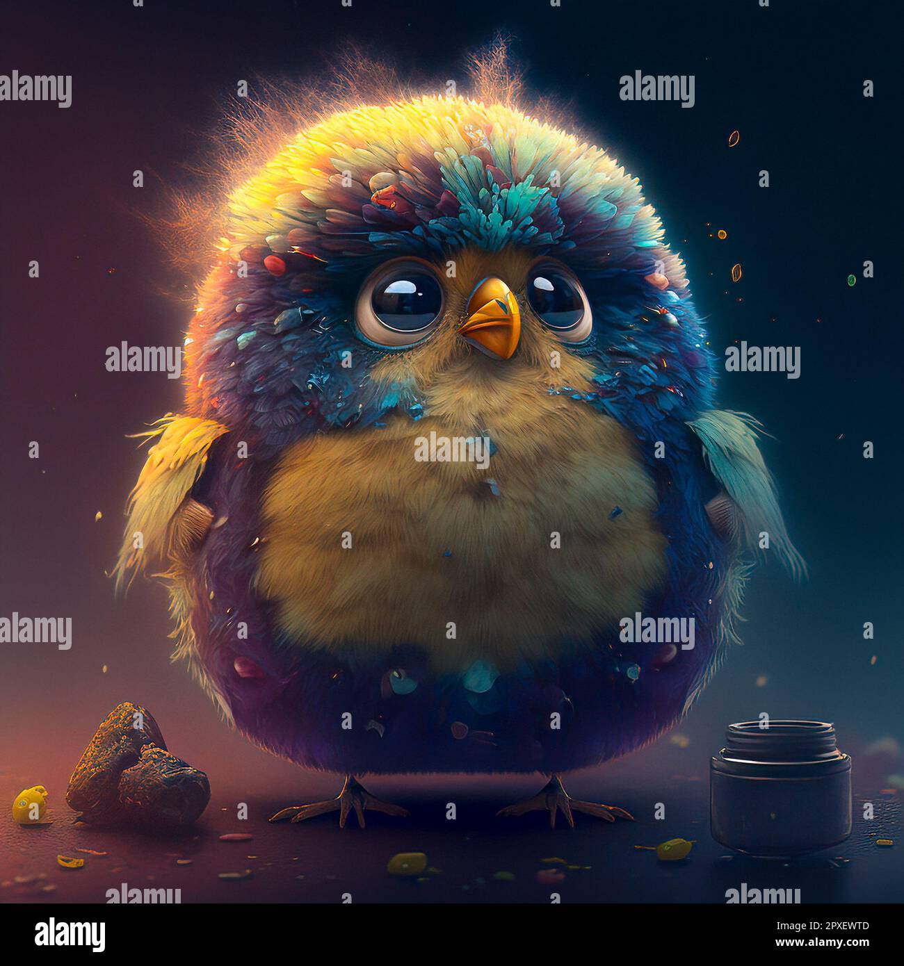Character Portrait Closeup Super Fluffy Sad Blue Bird with Colorful Feathers and Wings Glittering and Soft Stock Photo