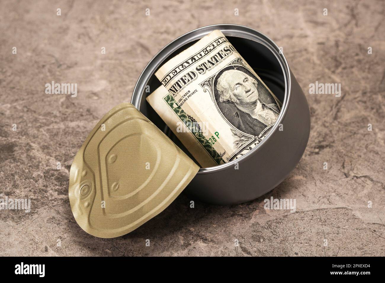 One dollar in a tin can falling on the stone background. Conceptual