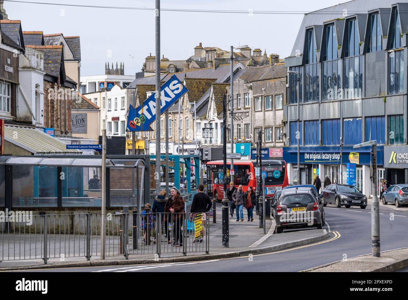 A general street scene in Newquay Town centre in Cornwall in the UK