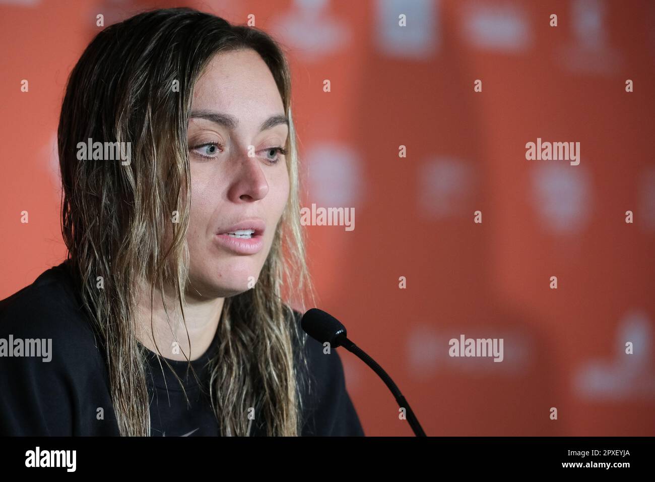 Madrid, Spain. 01st May, 2023. Paula Badosa of Spain speaks during a press conference on Day Eight of the Mutua Madrid Open at La Caja Magica in Madrid. (Photo by Atilano Garcia/SOPA Images/Sipa USA) Credit: Sipa USA/Alamy Live News Stock Photo